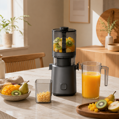 Соковыжималка Fresh Smart HJ303 с экстрашироким шнеком и медленным отжимом – соковыжималка, которая справится с жаждой вашей семьи благодаря загрузочному желобу 155 мм, бункеру 2400 мл, холодному отжиму мощностью 200 Вт и самоочистке