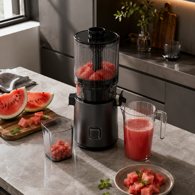 Соковыжималка Fresh Smart HJ303 с экстрашироким шнеком и медленным отжимом – Искусство приготовления сока стало проще благодаря загрузочному желобу 155 мм, бункеру 2400 мл, холодному отжиму 200 Вт и самоочистке