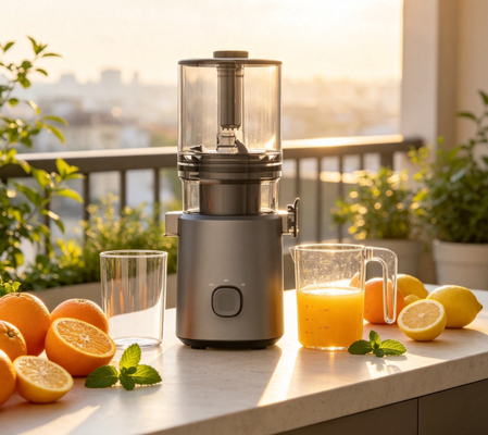 Соковыжималка Fresh Smart HJ303 с экстрашироким шнеком и медленным отжимом – Поместите целый ананас, соберите всю семью благодаря загрузочному желобу 155 мм, бункеру 2400 мл, холодному отжиму 200 Вт и самоочистке