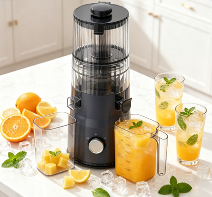 Компактная шнековая соковыжималка HJ103 Fresh Smart – от смузи до оздоровительных шотов, все в одном компактном дизайне с широким желобом 135 мм, холодным отжимом 200 Вт и самоочисткой