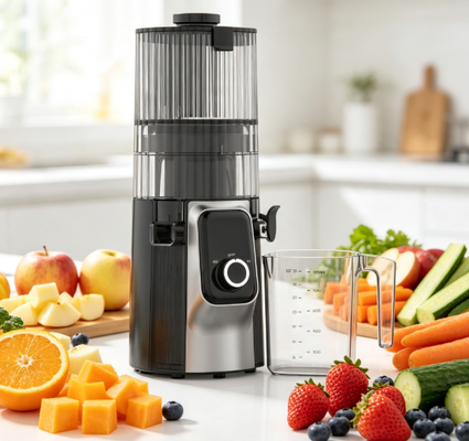 Низкоскоростная соковыжималка Fresh Smart HJ102C – соковыжималка, которая принесет здоровье на ваш стол с 3 регулируемыми скоростями, широким желобом 135 мм, холодным отжимом мощностью 200 Вт и самоочисткой