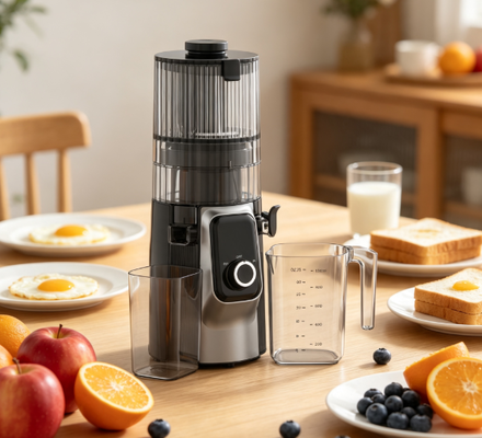 Медленная соковыжималка Fresh Smart HJ102C – соковыжималка, адаптирующаяся к каждому ингредиенту, с 3 регулируемыми скоростями, широким желобом 135 мм, холодным отжимом 200 Вт и самоочисткой