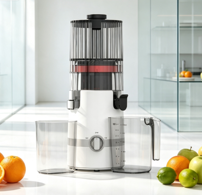 Низкоскоростная соковыжималка Fresh Smart HJ102B – Ежедневная порция свежести для вашей семьи с широким загрузочным желобом 135 мм, холодным отжимом 200 Вт, функцией самоочистки и системой блокировки безопасности